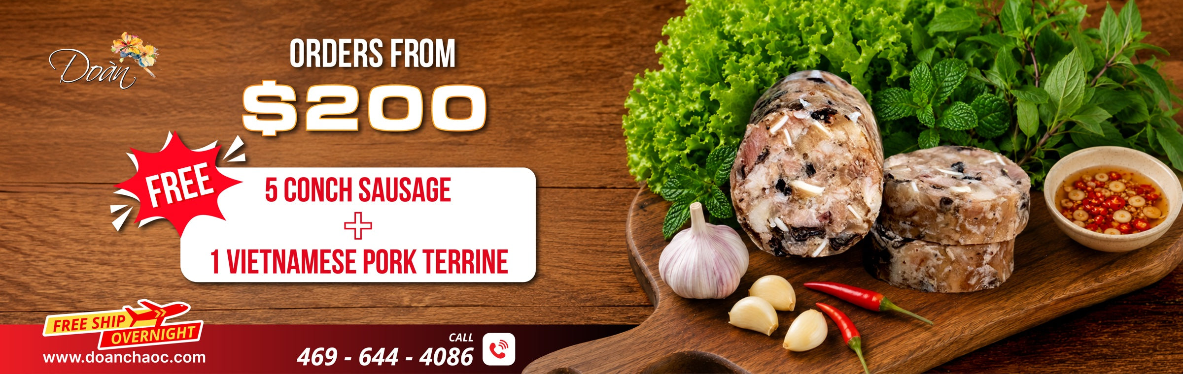 Doan Cha Oc promotion: orders from $200 receive 5 conch sausage and 1 Vietnamese pork terrine with free overnight shipping