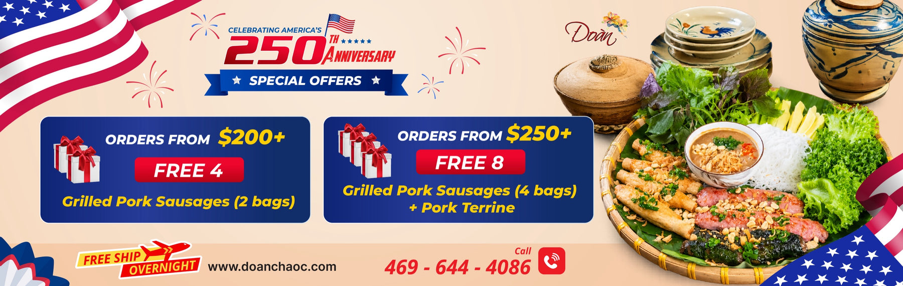 Doan Cha Oc promotion: orders from $200 receive Nem Nuong gifts and orders from $250 receive Nem Nuong plus Vietnamese pork terrine