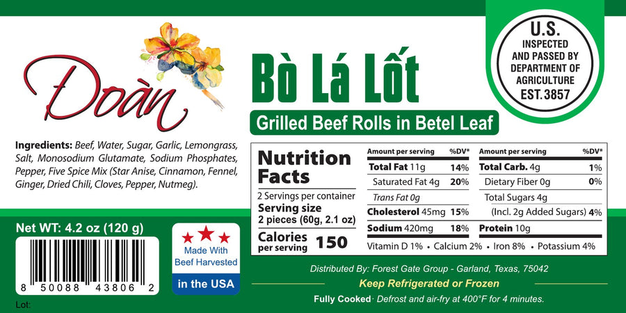 Package label for Grilled Beef In Betel Leaf, with Nutrition Facts. Tap to enlarge.