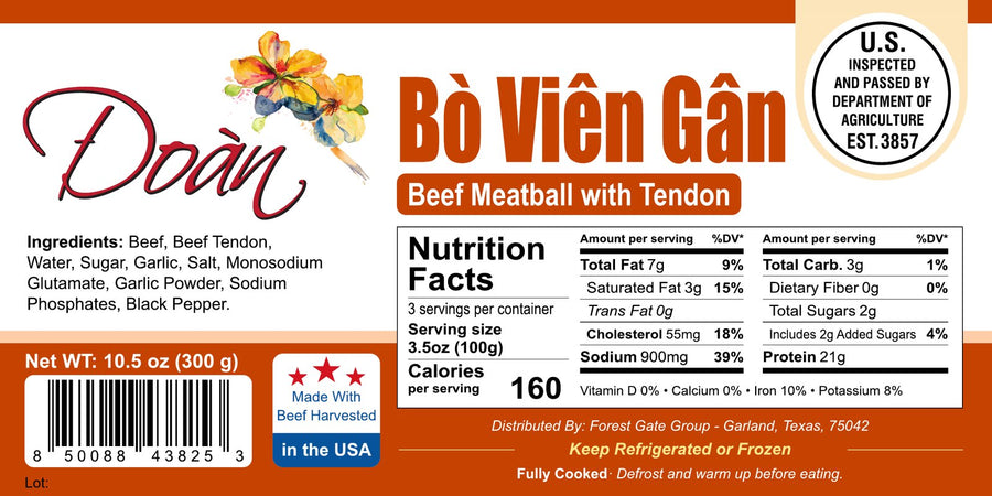 Package label for Beef Meatballs With Tendon, with Nutrition Facts. Tap to enlarge.