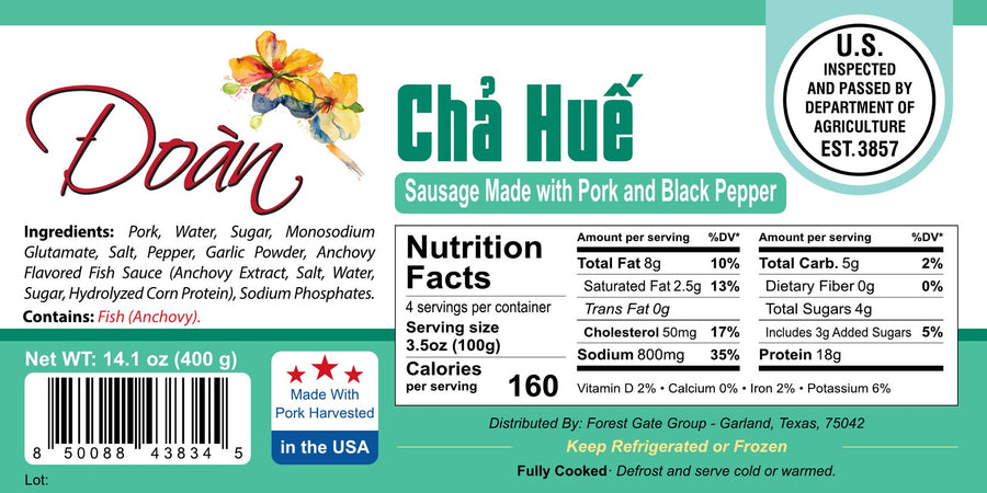 Nhãn bao bì Chả Huế 400g, có bảng dinh dưỡng. Bấm để phóng to.