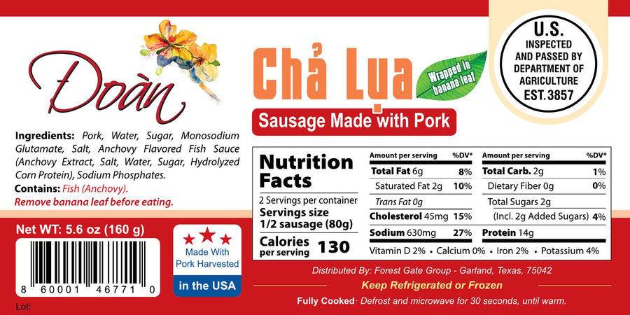 Package label for Vietnamese Pork Sausage (Leaf-Wrapped / Casing) (Leaf-wrapped 160g), with Nutrition Facts. Tap to enlarge.