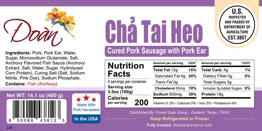 Package label for Chả Tai Heo — Vietnamese Pork Sausage with Pork Ear, with Nutrition Facts. Tap to enlarge.