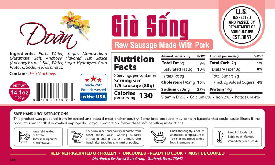 Nhãn bao bì Giò Sống (Mọc), có bảng dinh dưỡng. Bấm để phóng to.