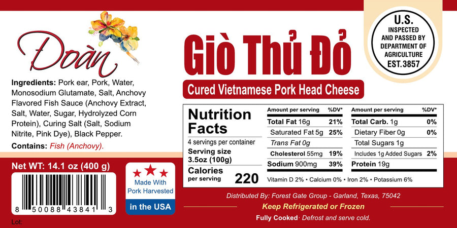 Nhãn bao bì Giò Thủ Đỏ, có bảng dinh dưỡng. Bấm để phóng to.