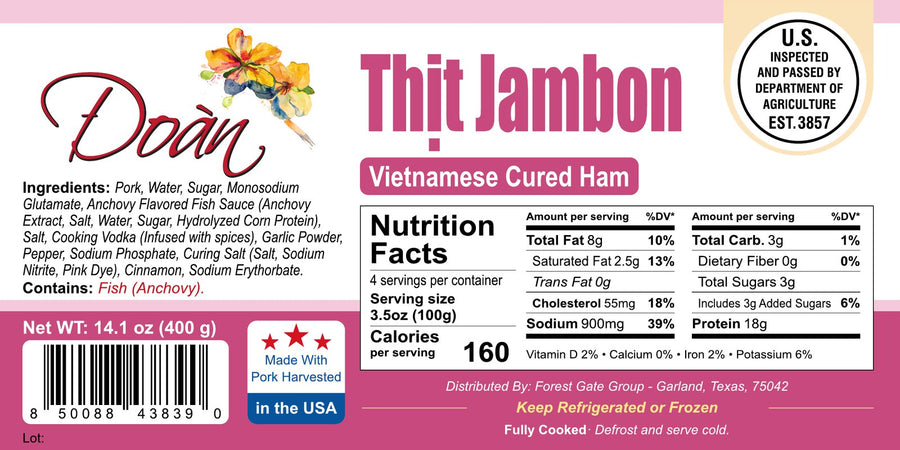 Nhãn bao bì Thịt Jambon, có bảng dinh dưỡng. Bấm để phóng to.